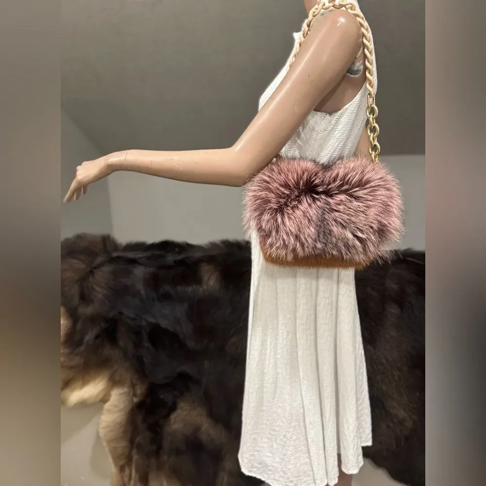 Handmade Real Mink Fur with Finn Raccoon Fur Foldover Flap Bag & 2 Strap Styles